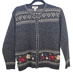 Talbots Petites Wool Fair Isle Floral Full Zip Cardigan Sweater Grey P Vintage